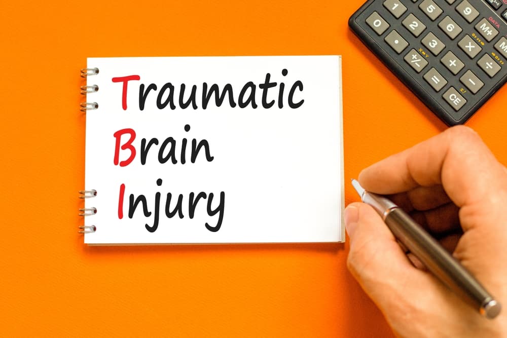 A symbol for traumatic brain injury (TBI) with the concept words "TBI traumatic brain injury" written on a white note against a beautiful orange background, with a doctor's hand in the image.